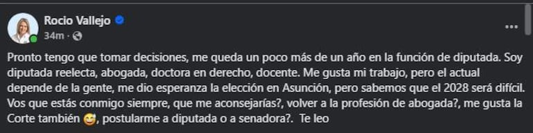 Rocío Vallejo en un post, luciendo pensativa y expresando dudas sobre su futuro en la política.
