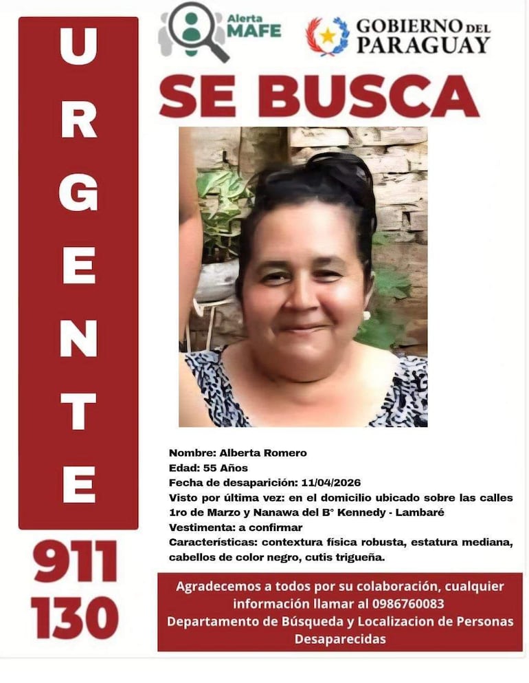 Cartel de búsqueda urgente con foto de Alberta Romero, mujer robusta de cabello negro, detalles de desaparición y contacto para información.