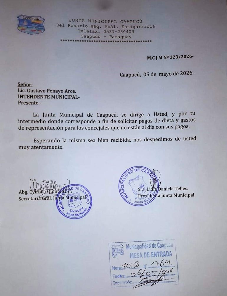 Nota de solicitud de pago de dietas remitida al intendente de Caapucú, Gustavo Penayo Arce.
