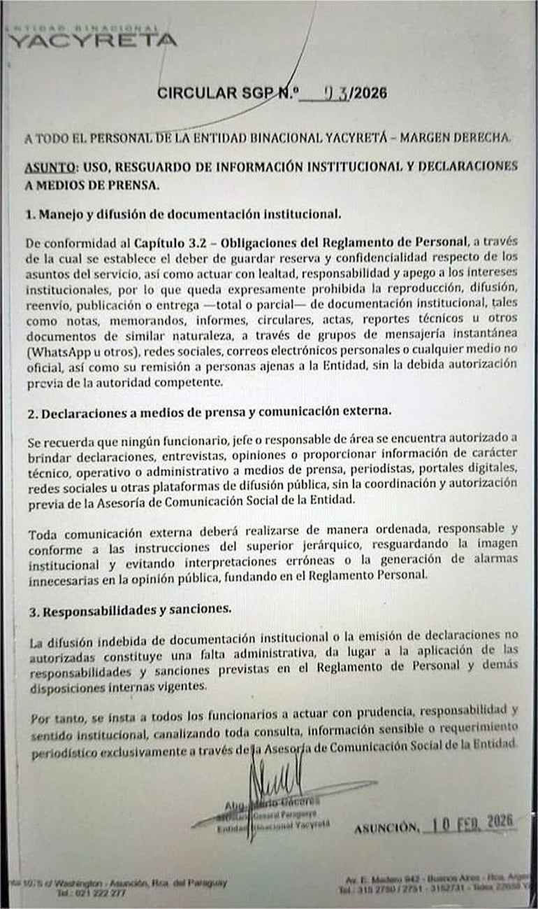 Circular SGP N.º 03/2026, firmada por el secretario general de la Entidad Binacional Yacyretá (EBY), Mario Cáceres.