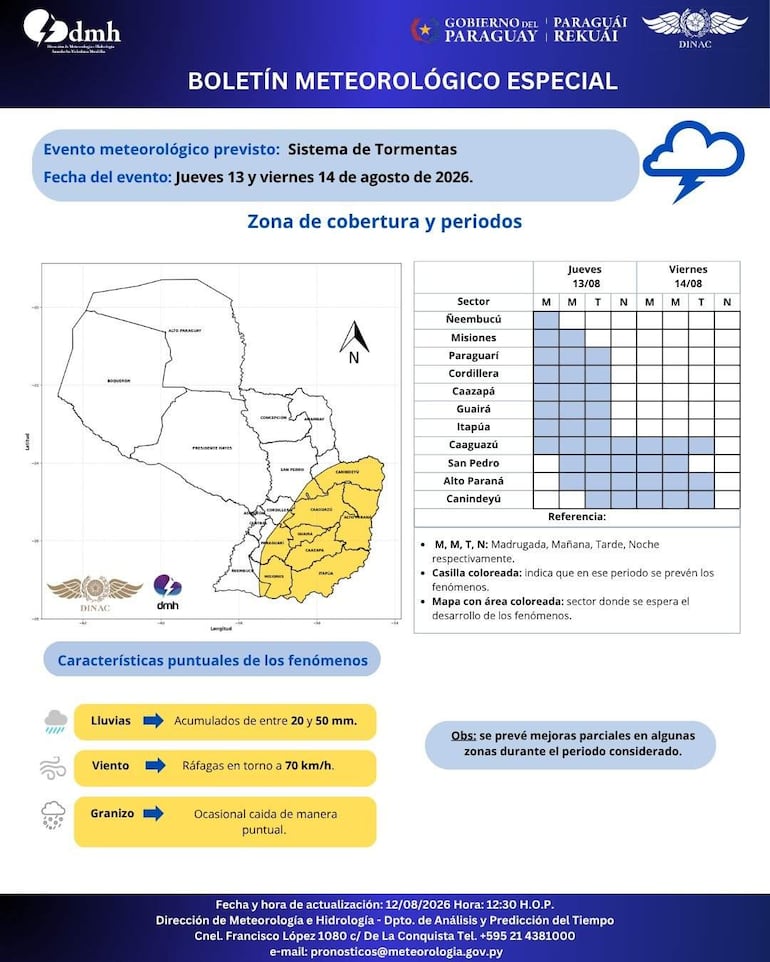 Boletín meteorológico del Gobierno con mapa que muestra zonas afectadas por tormentas, sin personas visibles.
