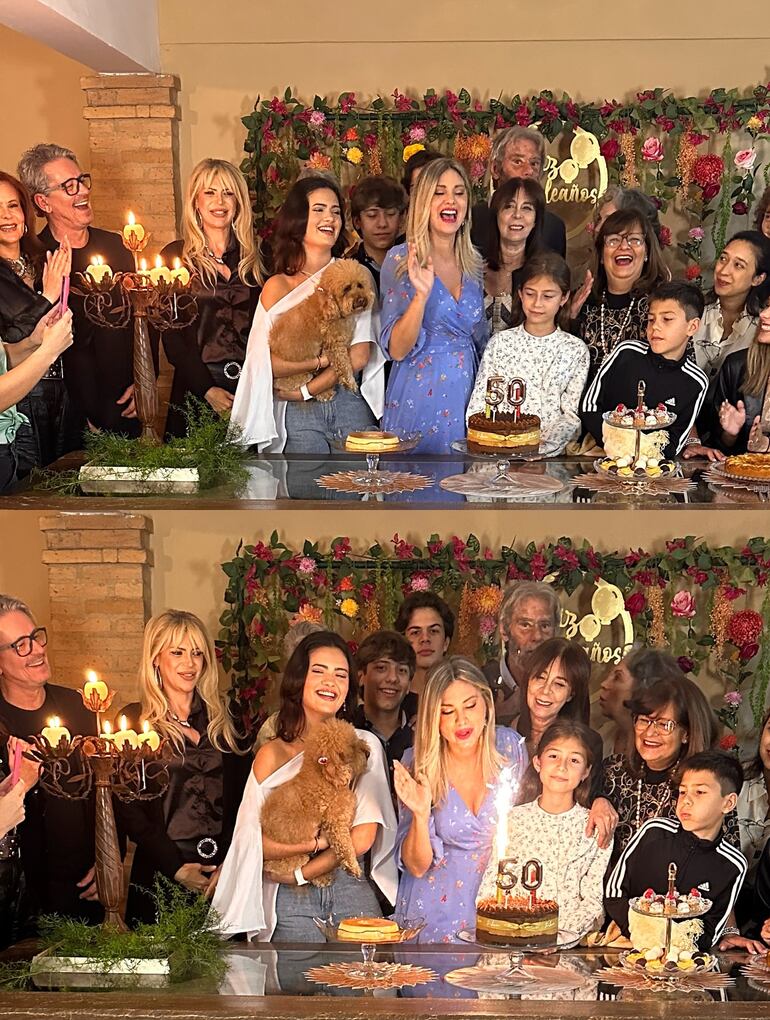 Laura Martino rodeada de sus familiares y amigos al momento de apagar las velitas de la tradicional torta de cumpleaños. (Instagram/Laura Martino)