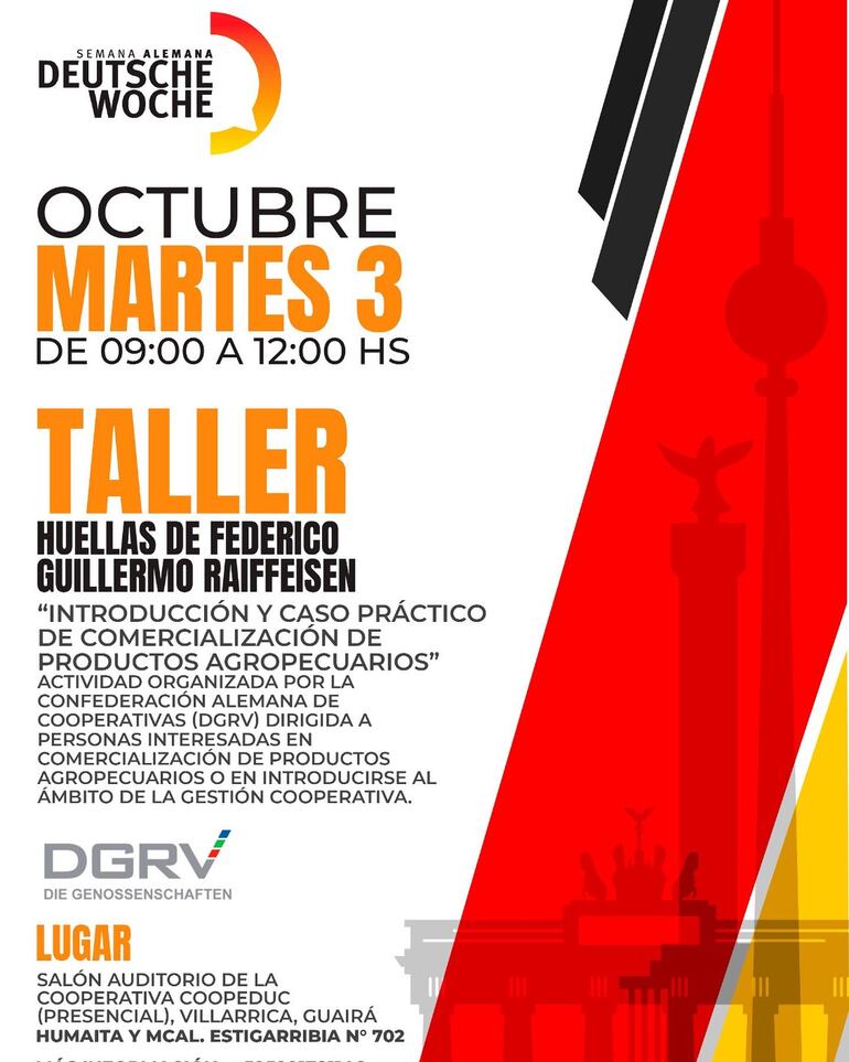 La Semana Alemana se inicia en Villarrica, Guairá, con el taller “Huellas de Federico Guillermo Raiffeisen”, organizado por la Confederación Alemana de Cooperativas (DGRV) en el Salón Auditorio de la Cooperativa Coopeduc de esa ciudad.