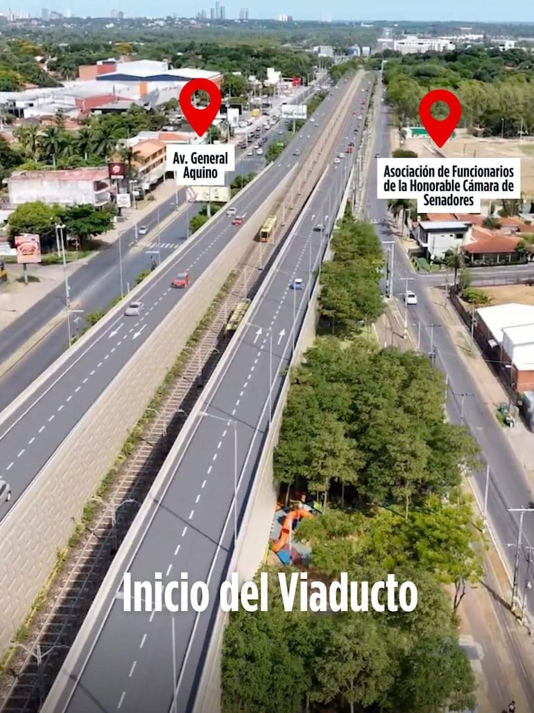 Vista aérea de la avenida con el viaducto en construcción, sin personas visibles ni vehículos en movimiento.