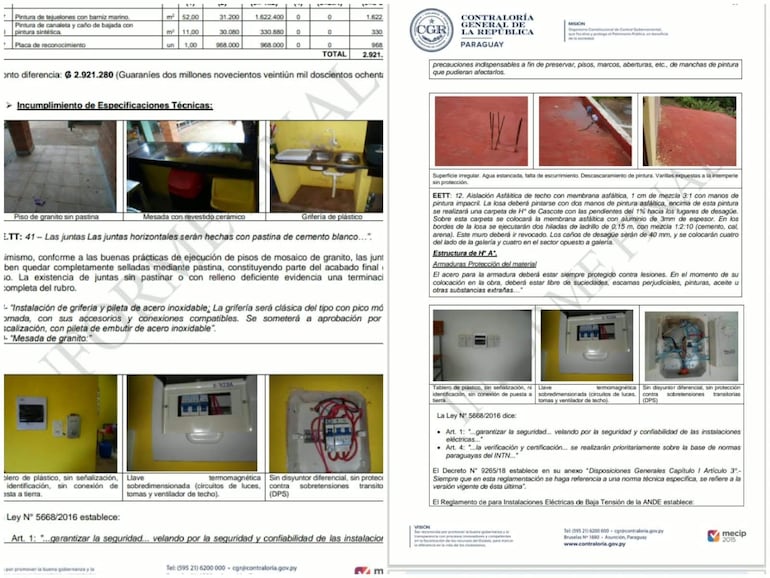 Documento oficial con texto detallado sobre incumplimientos de especificaciones técnicas, sin personas visibles.