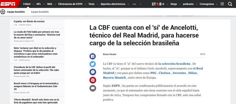 Carlo Ancelotti será el técnico de Brasil, según ESPN Brasil.