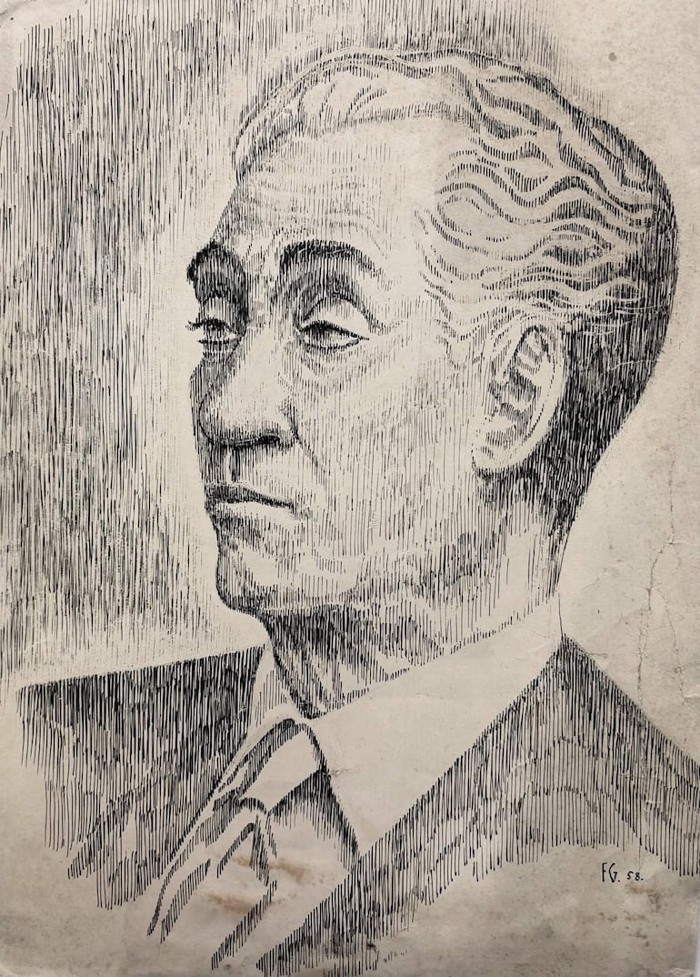 Dibujo en blanco y negro de un hombre con expresión seria, peinado y vestimenta formales.