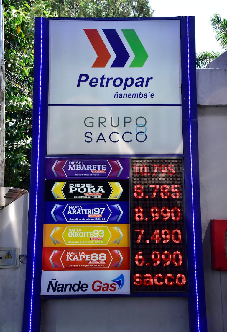 Operario de Petropar abasteciendo un coche en estación de servicio, con precios de combustible visibles en cartel digital en EE.UU y Quinta proyectada