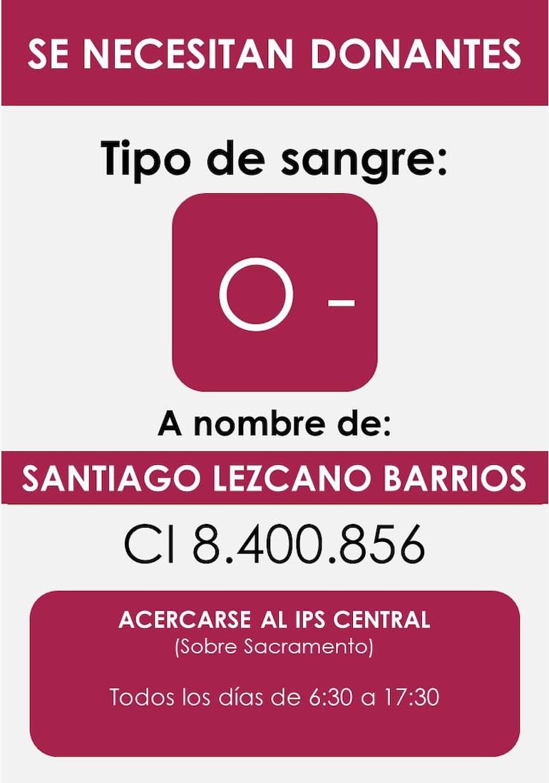 Cartel solicitado de donantes de sangre tipo O- a nombre de Santiago Lezcano Barrios en IPS Central.