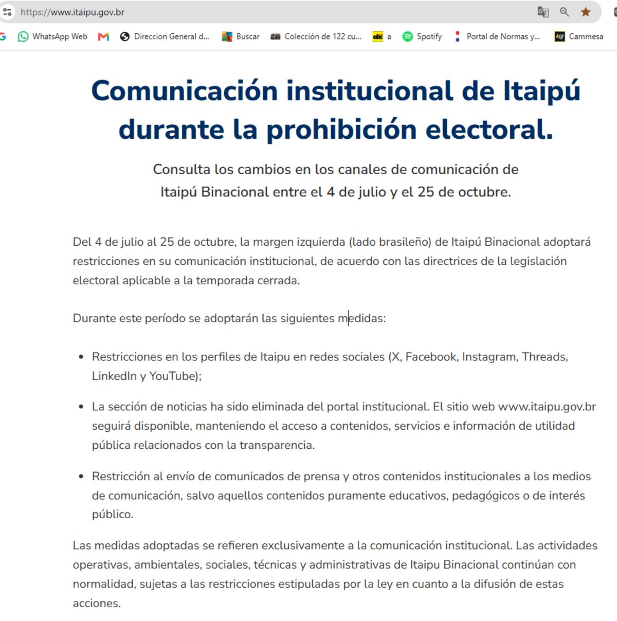 Itaipú, en Brasil, apaga sus canales digitales y restringe información por veda electoral