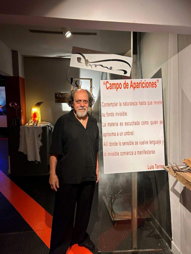 Obra artística de un pez metálico en vitrina con base de piedras en un ambiente cerrado iluminado.