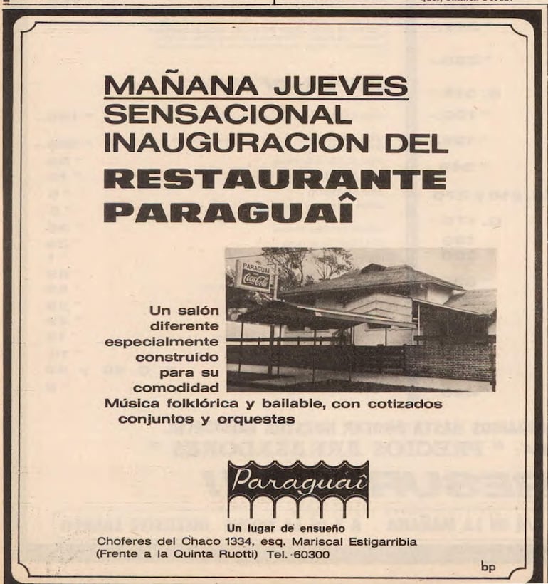Aviso publicado en ABC en julio de 1969 anunciando que el restaurante Paraguaî abría sus puertas.
