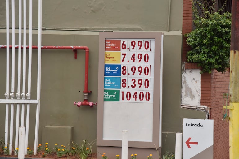 Cartel en estación Shell con precios de nafta y diésel, fondo de pared oliva y flores amarillas en la base.