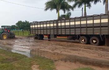 El acoplado de un transganado es estirado por un tractor en la zona de Laguna Itá endonde llovió 90 mm en 40 minutos.
