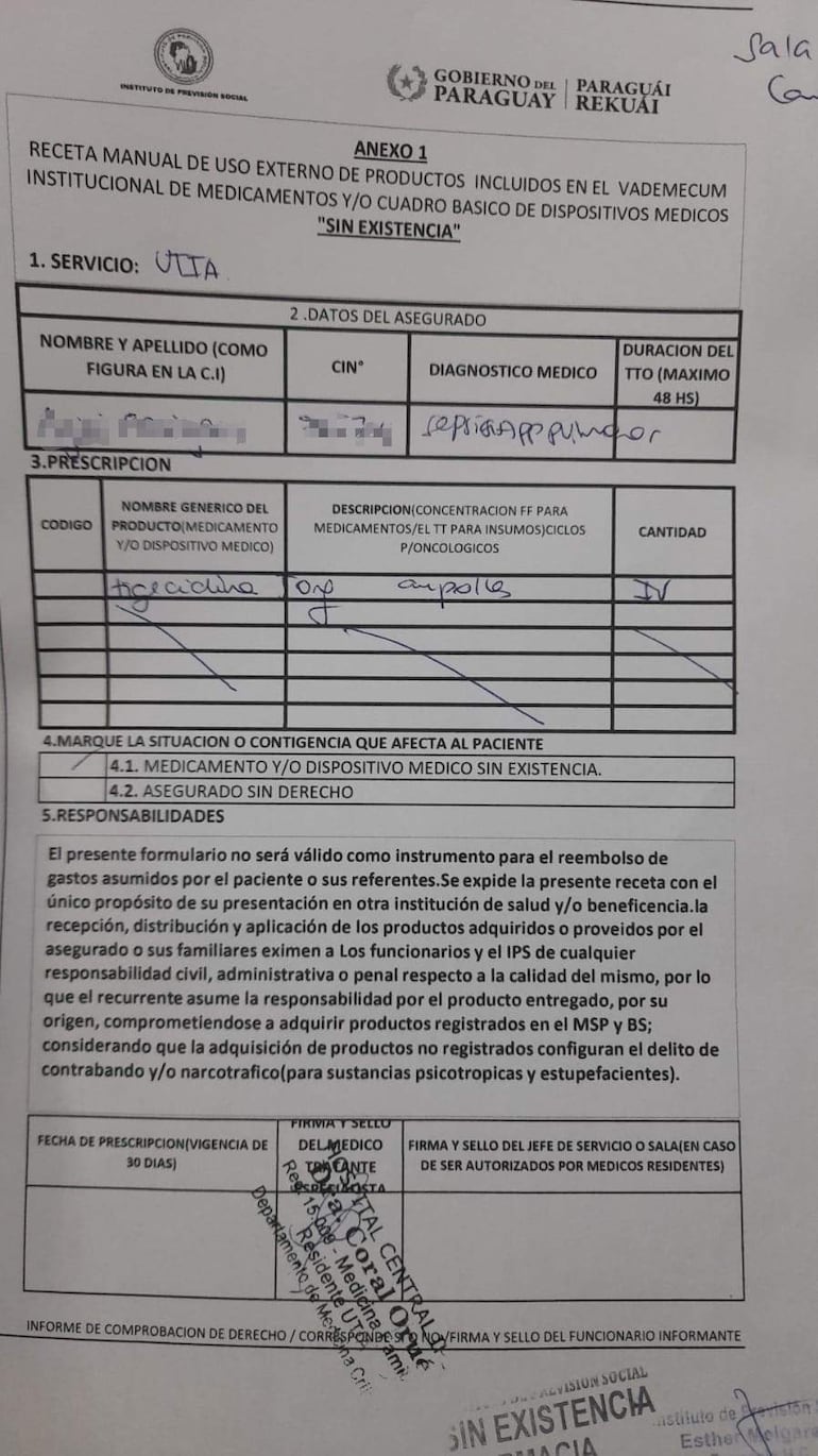 Documento del IPS sobre medicamentos 'sin existencia', con detalles oficiales y rúbricas administrativas.