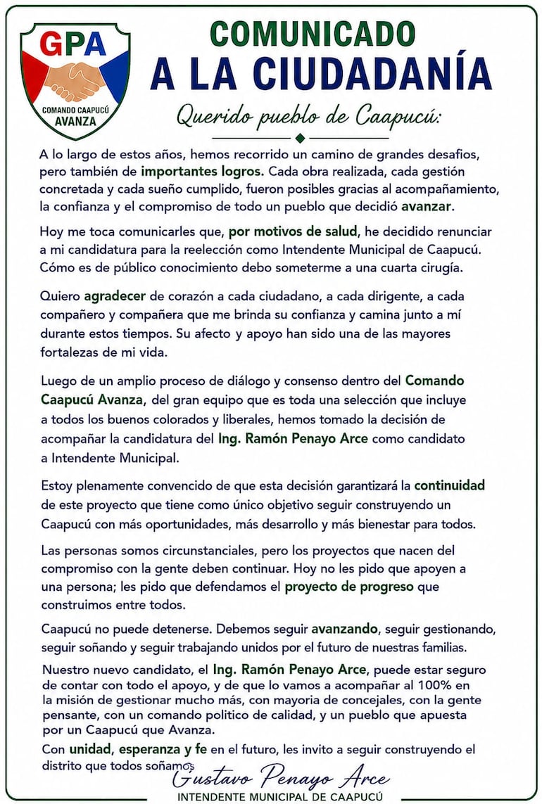 El comunicado oficial emitido por el intendente de Caapucú, Gustavo Penayo Arce (ANR-HC).