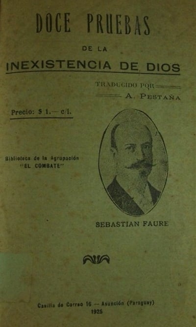 Tapa del libro "Doce pruebas de la inexistencia de Dios", editado por Agrupación El Combate en Asunción en julio de 1925