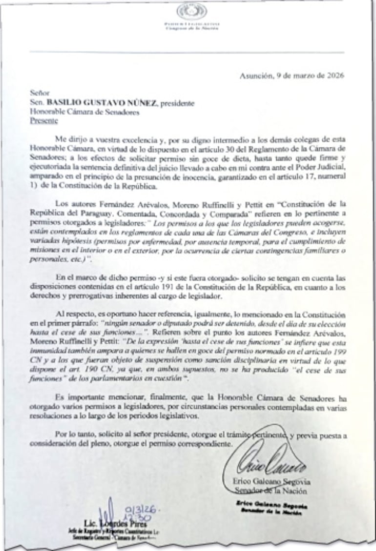 Nota del senador Erico Galeano (ANR) presentada a Basilio “Bachi” Núñez (ANR, HC).