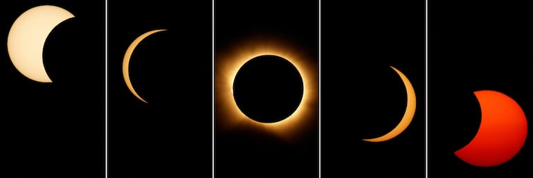 Esta composición de fotografías, tomada el 12 de agosto de 2026, muestra las diferentes etapas del eclipse solar total vistas desde Berlanga de Duero, a 240 kilómetros al noreste de Madrid.