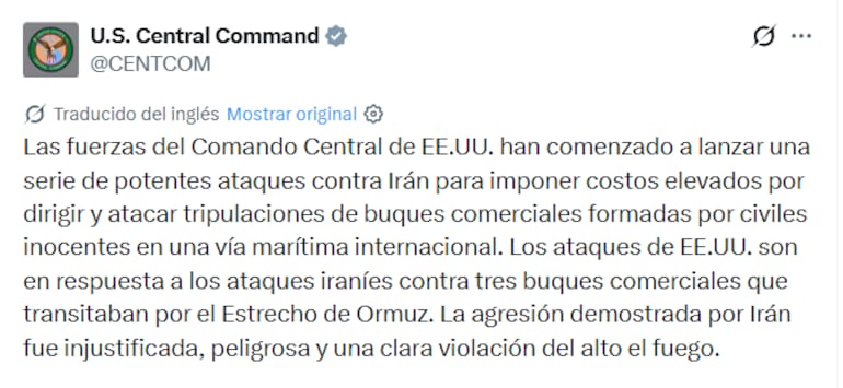 Publicación en X del Comando Central de EE.UU.