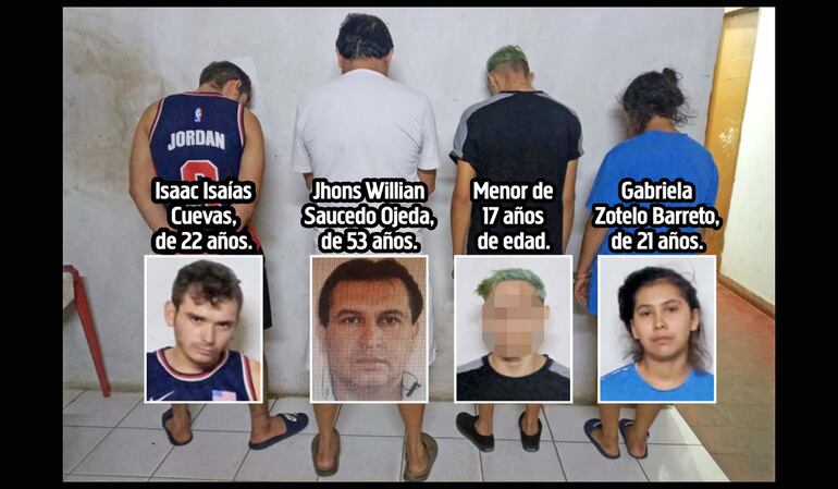 Isaac Isaías Cuevas, Jhons Willian Saucedo Ojeda, un menor de 17 años y Gabriela Zotelo Barreto, detenidos en el barrio Molino de Luque por una serie de asaltos a locales de Biggie.
