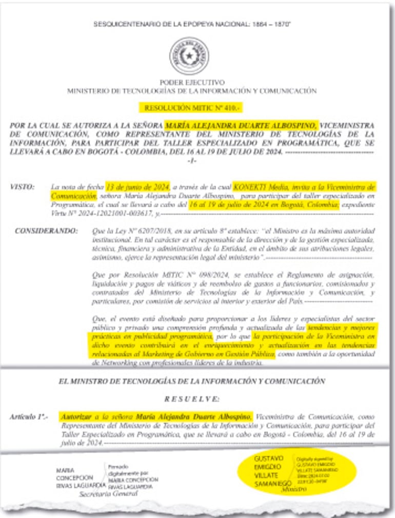 La Resolución, que autorizó el viaje, fue firmada por el ministro Gustavo Villate.