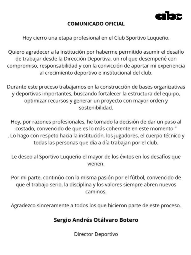 El Comunicado emitido por Sergio Otálvaro.