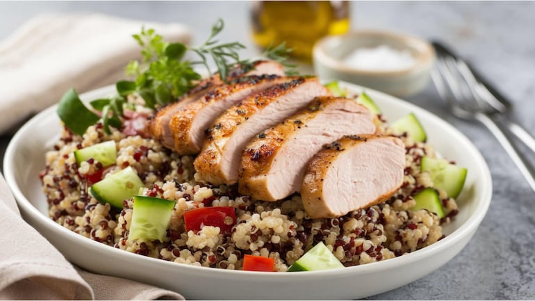 Un apetitoso plato con rebanadas de pollo a la parrilla sobre una ensalada de quinoa con pepino y tomate frescos, adornada con hierbas aromáticas.