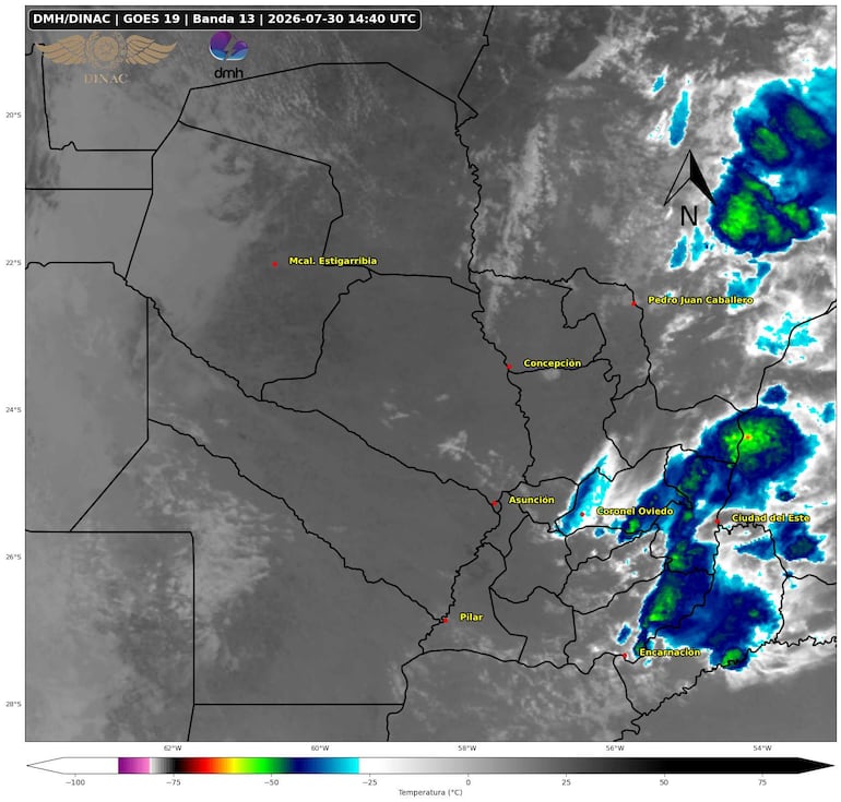 Imagen del satélite GOES 19 mostrando zonas climáticas de Paraguay con áreas nubladas y lluvia.