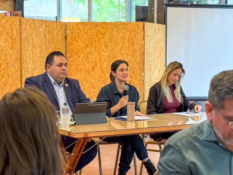 Adriana Ortiz Semidei habla con micrófono, rodeada de tres participantes en un salón con paneles de madera y mesa.