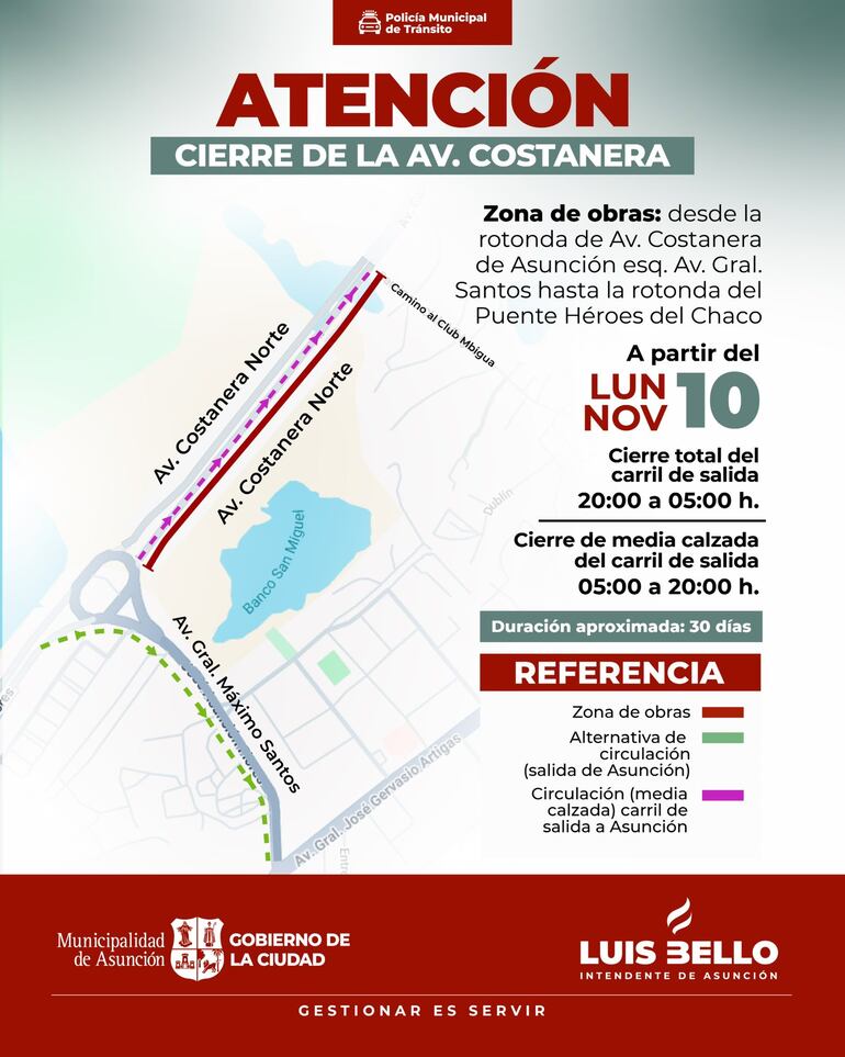 Parte de la Costanera de Asunción será cerrada por un mes a partir de este lunes