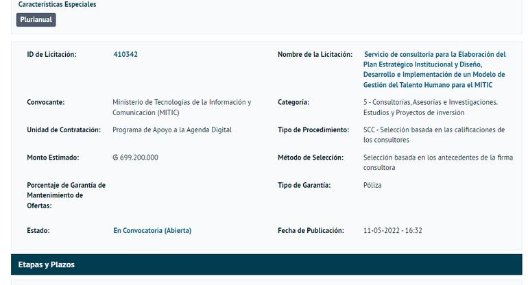 Captura tomada este viernes por la tarde de la página web de Contrataciones Públicas, en la cual figura como abierta la polémica convocatoria del Mitic.