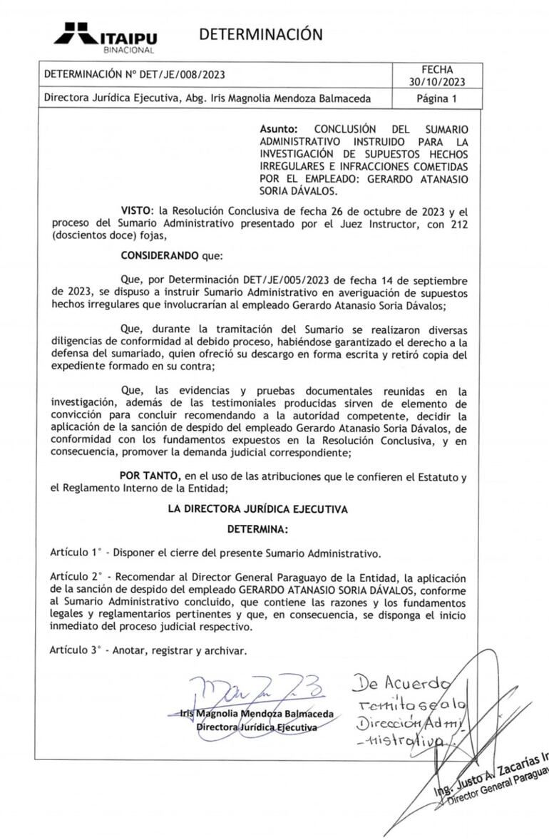 Resolución firmada por Iris Magnolia Mendoza Balmaceda en la que recomienda la sanción de despido del empleado Gerardo Atanasio Soria Dávalos tras el resultado de un sumario administrativo.