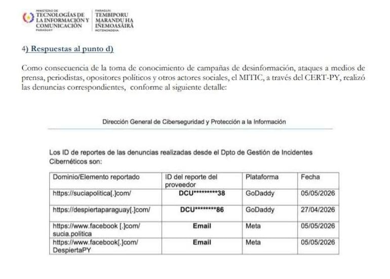 Documento oficial del MITIC con textos sobre denuncias de ciberseguridad en Paraguay, sin personas visibles.