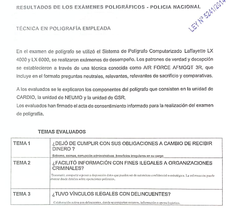 Los tres temas que fueron evaluados en la prueba del polígrafo. Respuesta de Riera a la comisión de Asuntos Constitucionales.