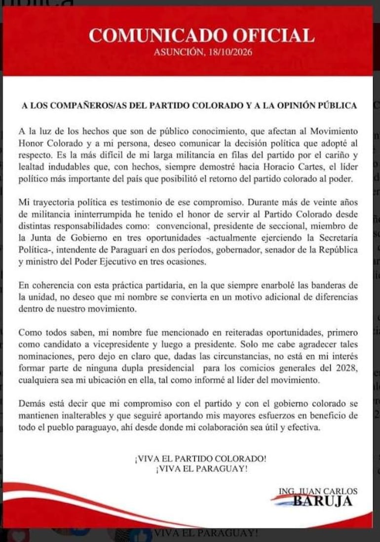 El comunicado de Juan Carlos Baruja señala que el ministro decidió no integrar ninguna dupla presidencial para las elecciones generales de 2028