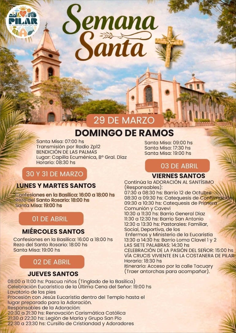 Calendario de actividades religiosas para Semana Santa en la ciudad de Pilar.
