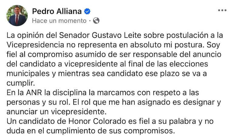 Publicación de Pedro Alliana en redes sociales, destacando texto sin imágenes de personas o elementos visuales relevantes.