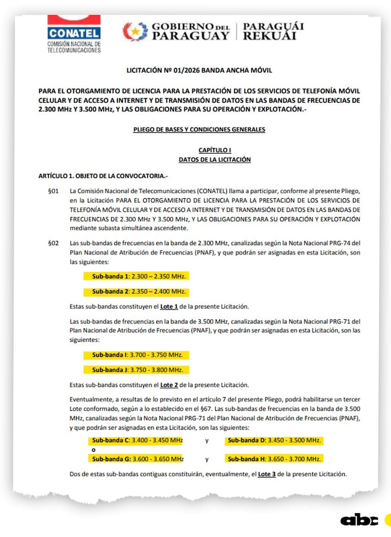 Documento oficial de CONATEL sobre licitación de banda ancha móvil. Texto técnico y formal, sin personas presentes.