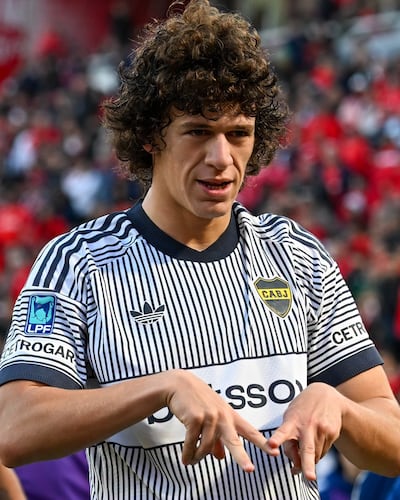 El zaguero argentino, Facundo Ezequiel Herrera (20 años) celebra el tanto que le dio el triunfo a Boca Juniors sobre Independiente de Avellaneda, por la Fecha 14 de la Liga Profesional Argentina.