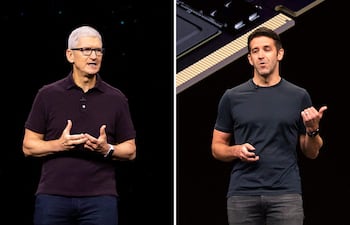 (COMBO) Esta combinación de fotografías de archivo, creada el 1 de septiembre de 2026, muestra a Tim Cook (izq.) y a John Ternus, en San José, California, el 3 de junio de 2019.