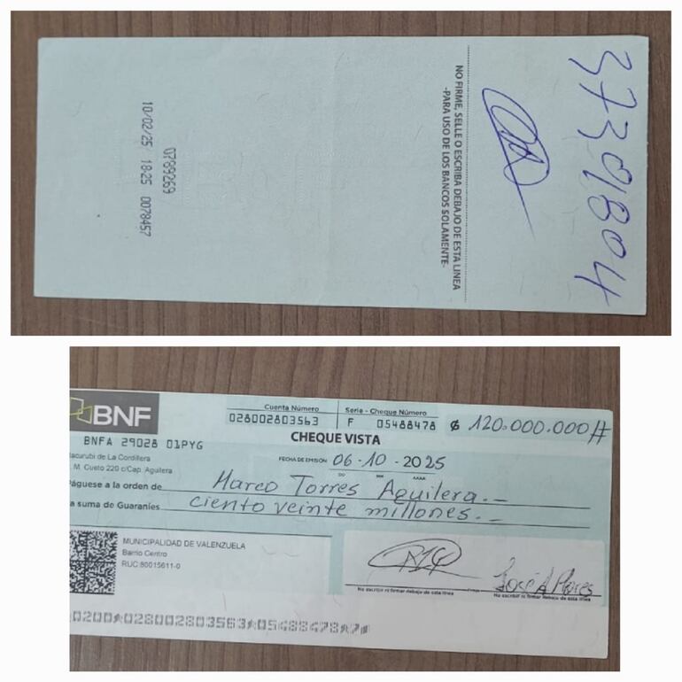 José Flores, quien sería el encargado del Cementerio firma un cheque de la Municipalidad de Valenzuela.