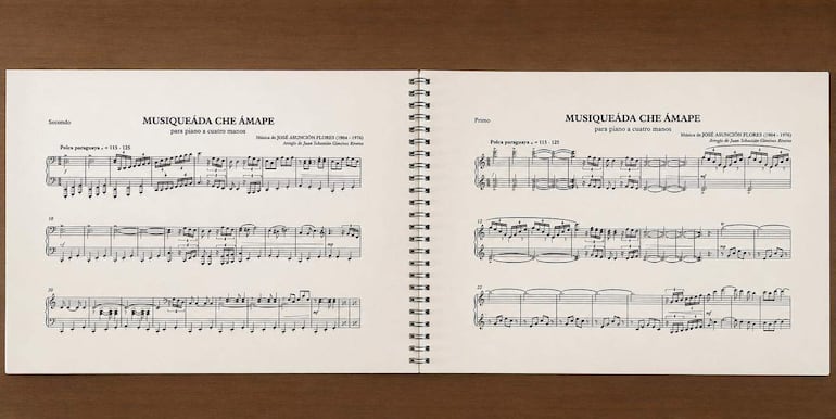Hojas de partitura musical 'Musiquéada Che Ámape', muestran arreglos de José Asunción Flores y Juan Sebastián Giménez Riveros.