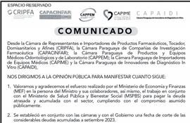 Comunicado de representantes e importadores de productos farmacéuticos.