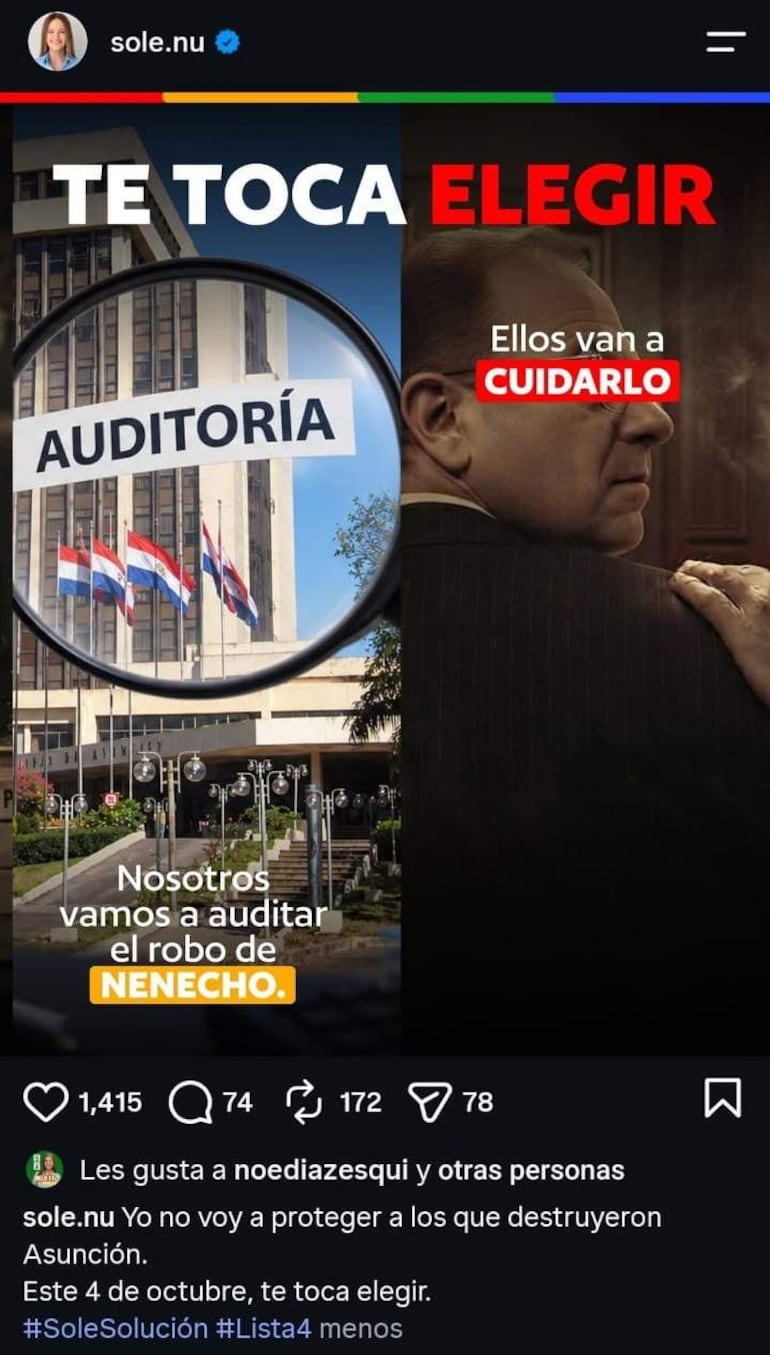 Edificio institucional con banderas paraguayas, fondo con texto electoral y figura de hombre de espaldas en reunión importante.