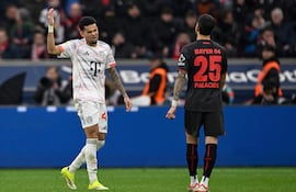 El delantero colombiano del Bayern de Múnich, Luis Díaz (izq.), número 14, reacciona tras ser expulsado por el árbitro durante el partido de la Bundesliga, la primera división alemana, entre el Bayer 04 Leverkusen y el FC Bayern de Múnich en Leverkusen, Alemania Occidental, el 14 de marzo de 2026. (Foto de INA FASSBENDER / AFP)