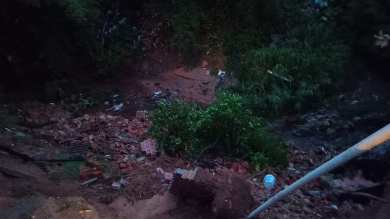 Terreno afectado por deslizamiento de tierra con escombros y vegetación descuidada en un ambiente exterior.