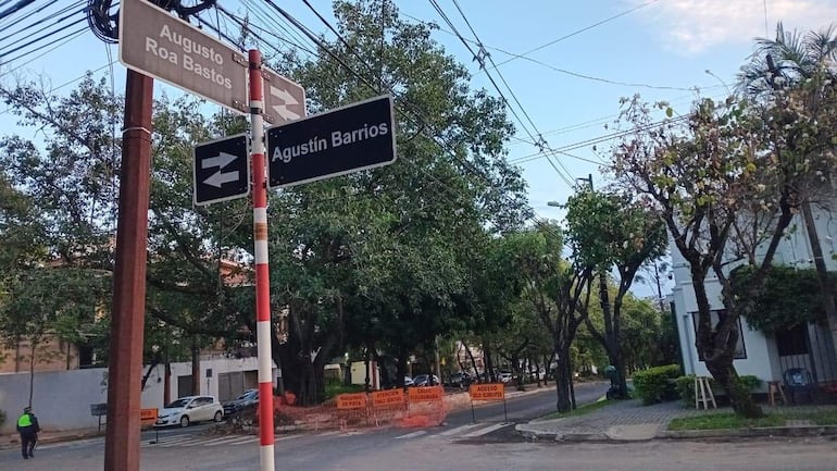 Carteles de tránsito en avenida con vegetación abundante y un vehículo estacionado.