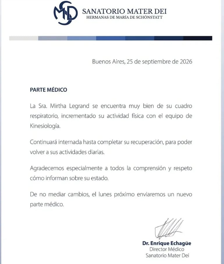 El nuevo parte médico sobre la salud de Mirtha Legrand. (Captura de la historia de Instagram de Mirtha Legrand)