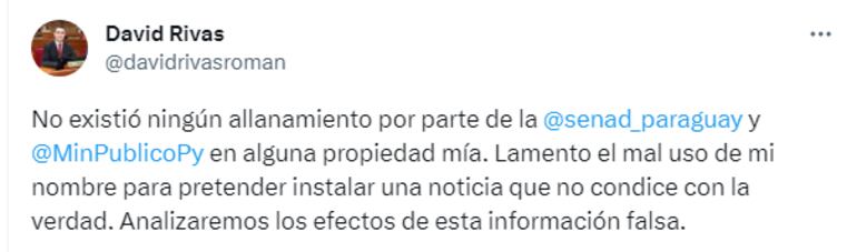 Tweet de Rivas sobre allanamiento a propiedad a nombre de su familia.
